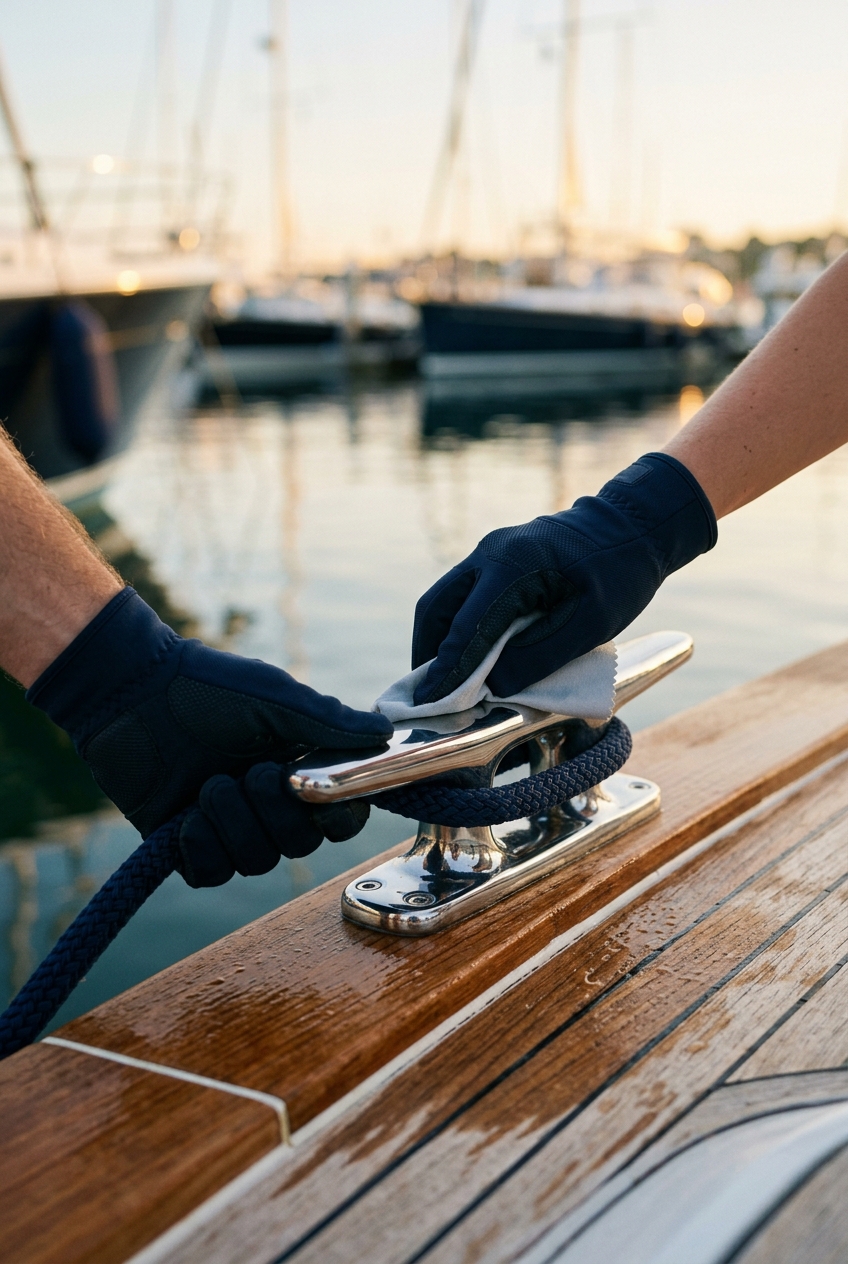 Technician detailing the teak deck and cleat of a luxury yacht